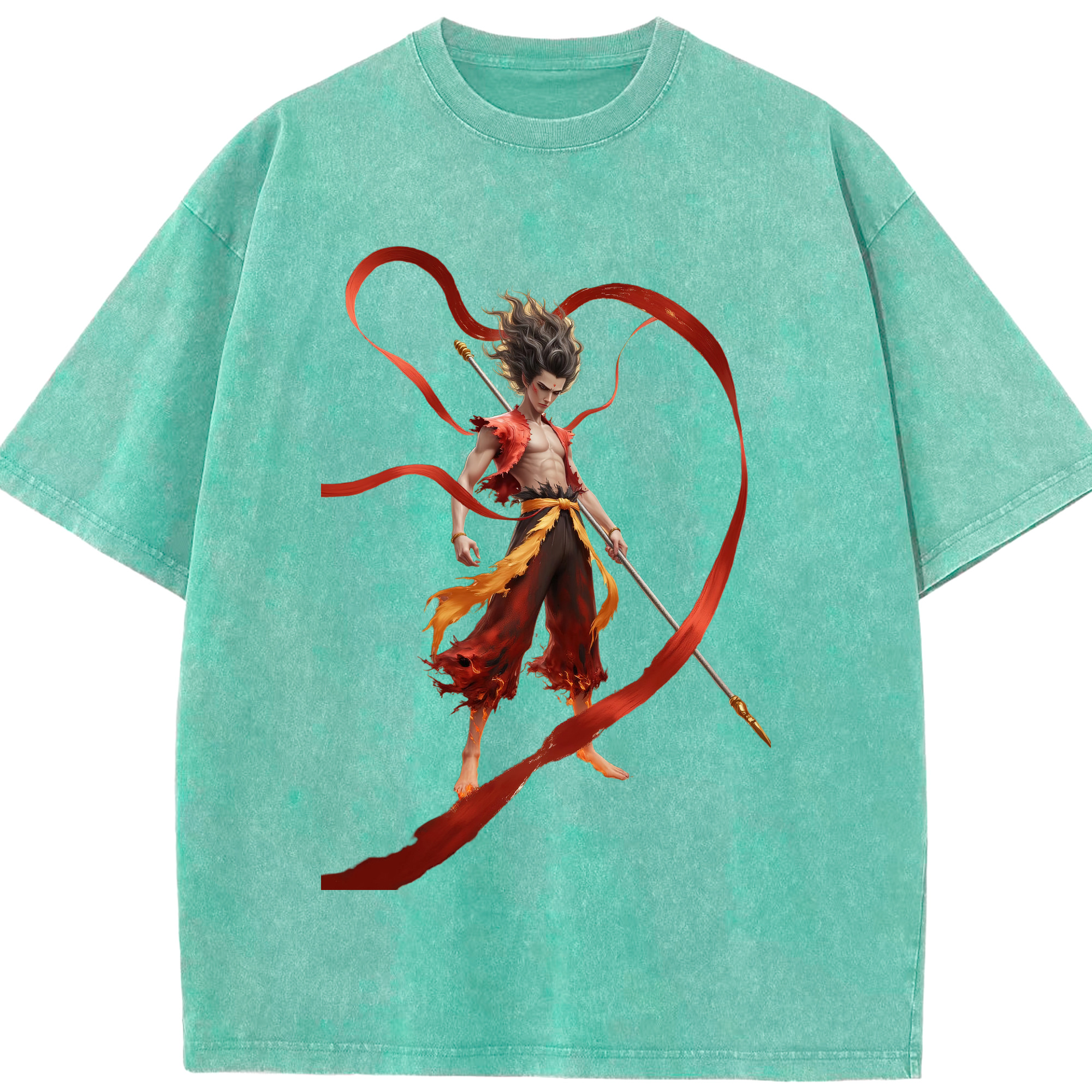 （画像用） Ne Zha 2 ナタ 魔童の大暴れ 綿100% ヴィンテージ風 半袖Tシャツ（フロントプリント）